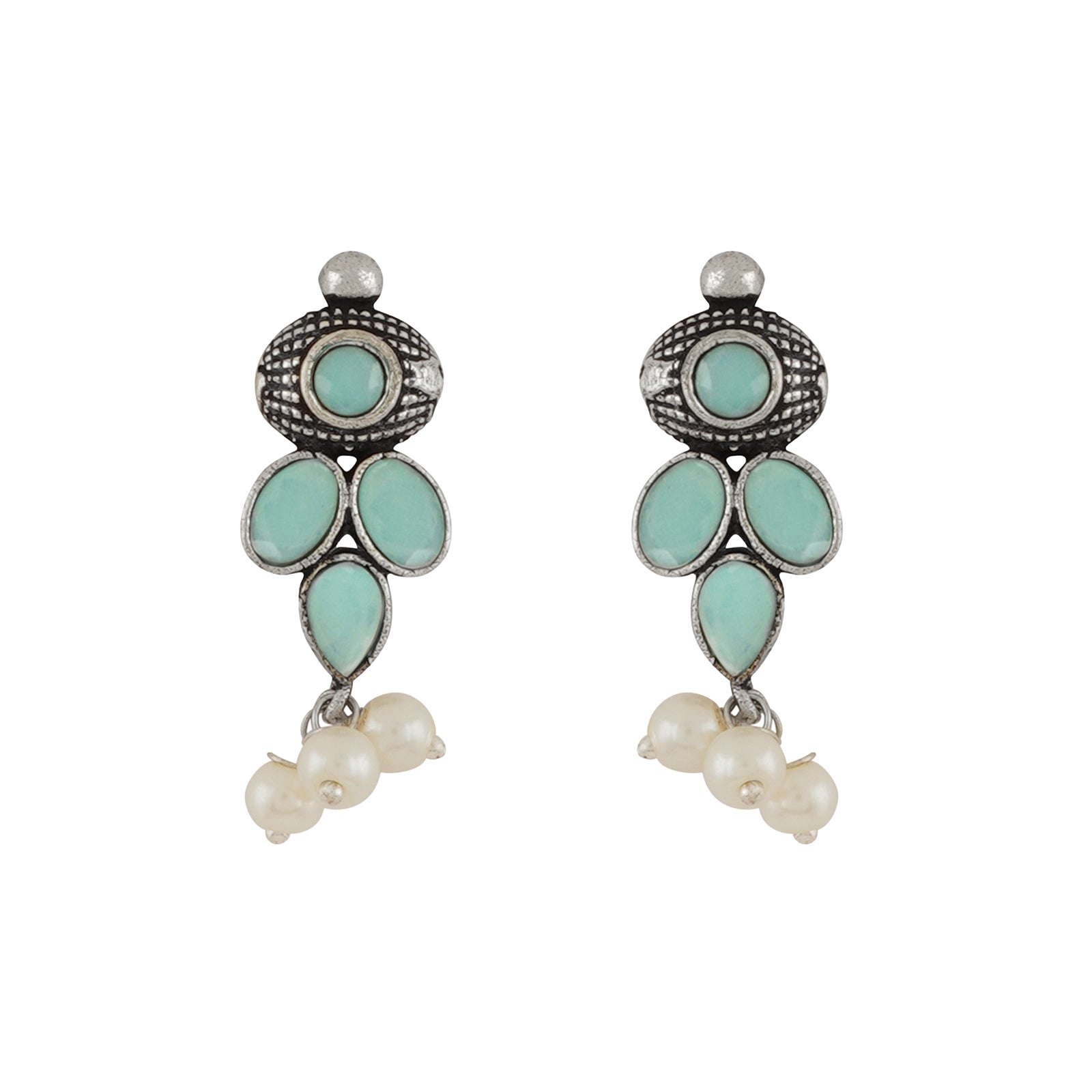 Nishan Silver Oxidised Turquoise Stone and Pearl Necklace Set