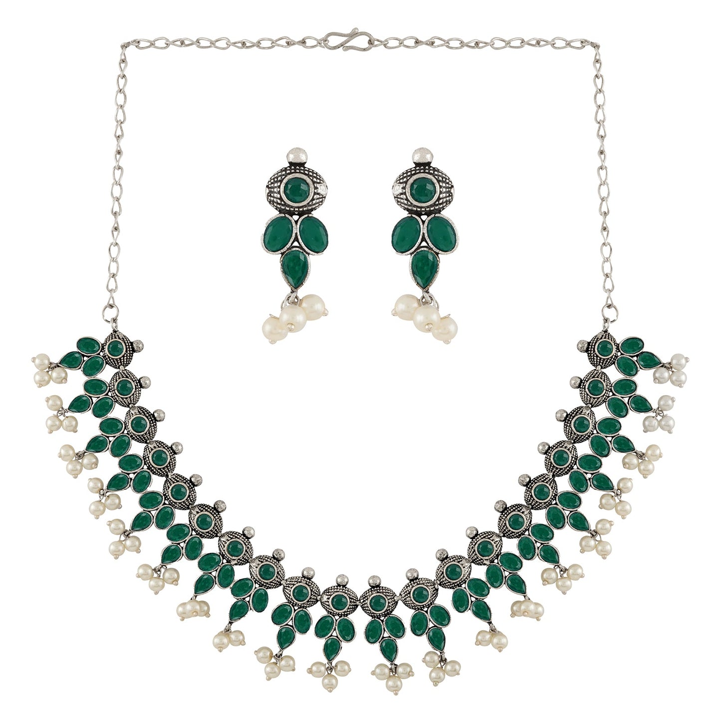 Nishan Silver Oxidised Green Stone and Pearl Necklace Set