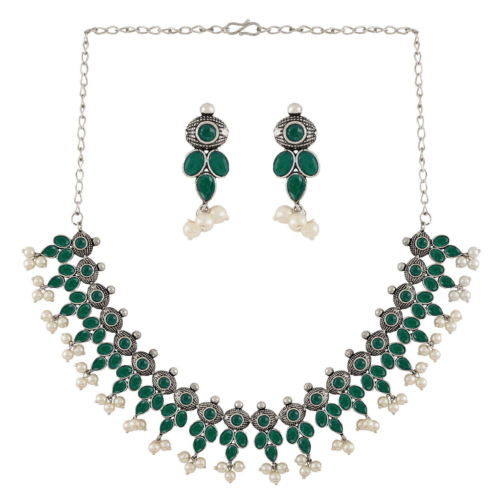 Nishan Silver Oxidised Green Stone and Pearl Necklace Set