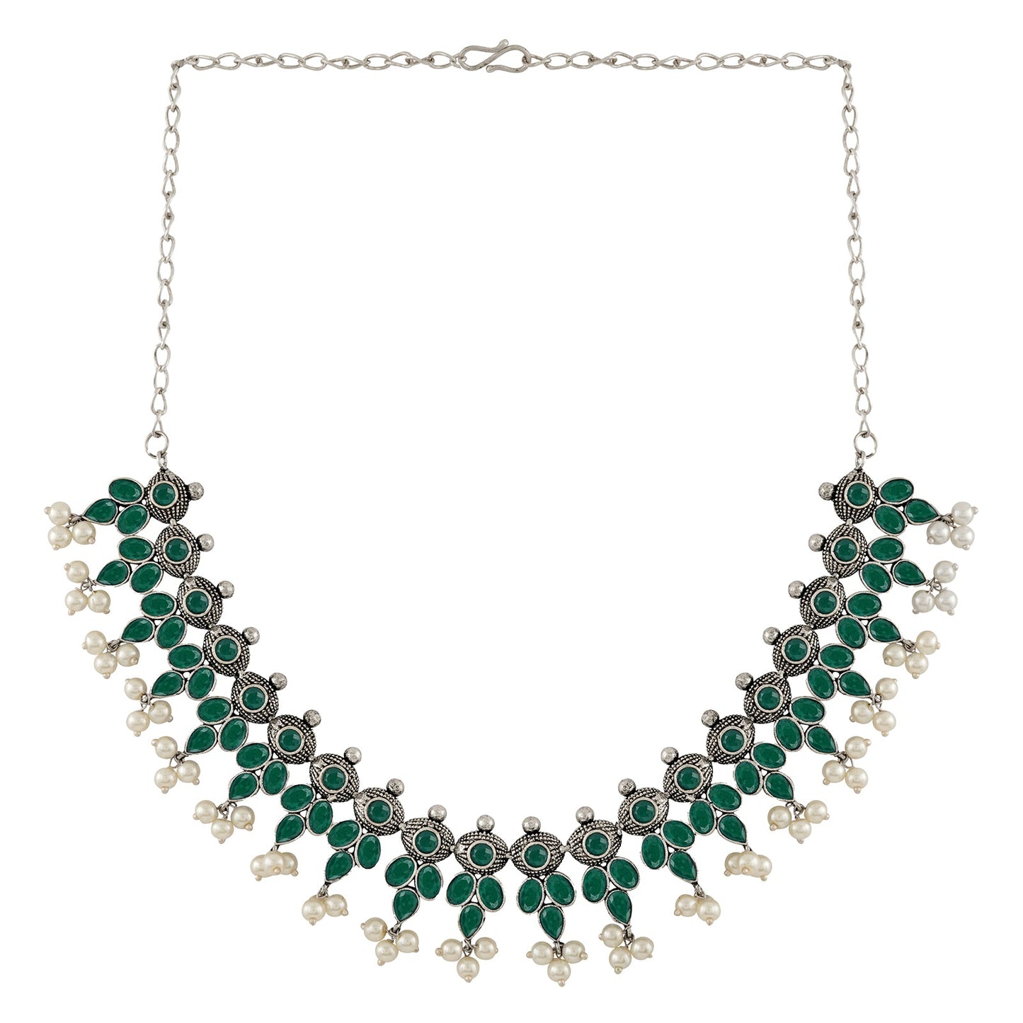 Nishan Silver Oxidised Green Stone and Pearl Necklace Set