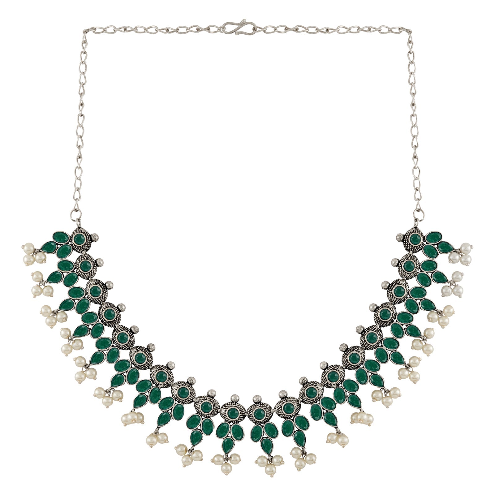 Nishan Silver Oxidised Green Stone and Pearl Necklace Set
