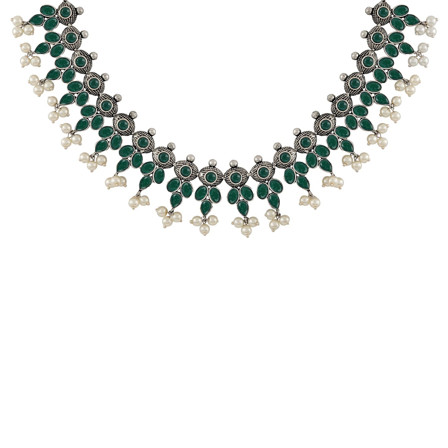 Nishan Silver Oxidised Green Stone and Pearl Necklace Set