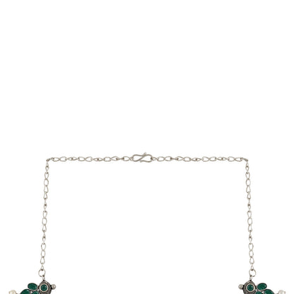 Nishan Silver Oxidised Green Stone and Pearl Necklace Set