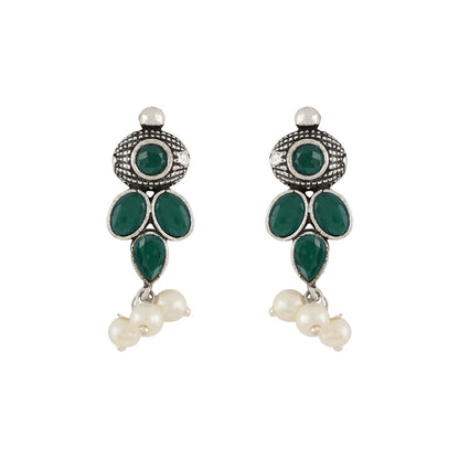 Nishan Silver Oxidised Green Stone and Pearl Necklace Set