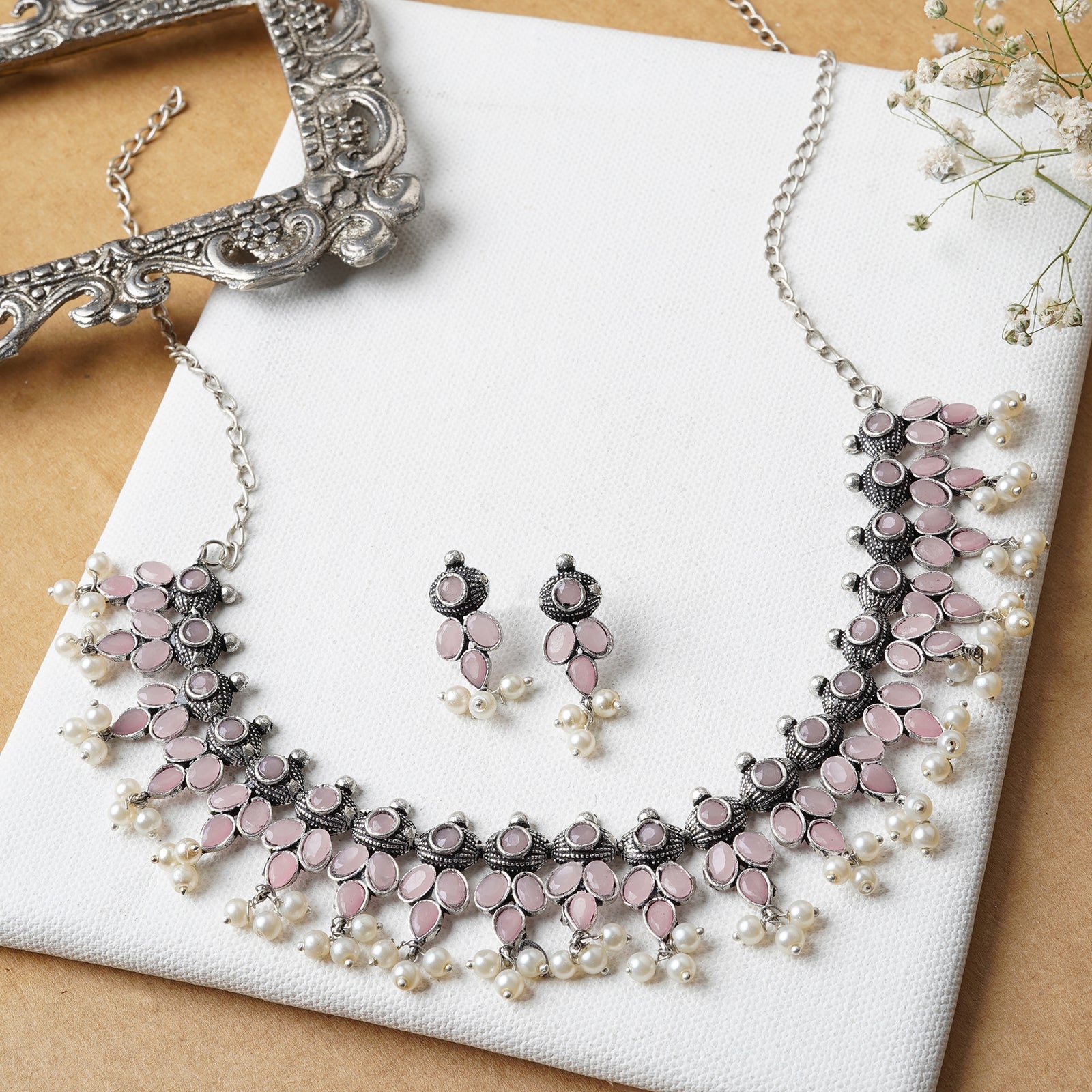 Nishan Silver Oxidised Pink Stone and Pearl Necklace Set