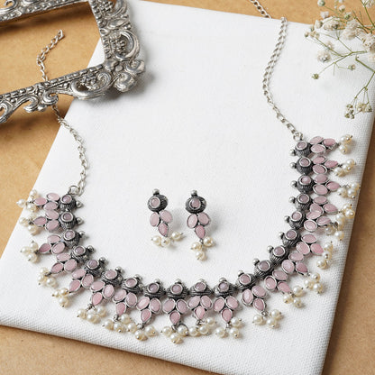 Nishan Silver Oxidised Pink Stone and Pearl Necklace Set