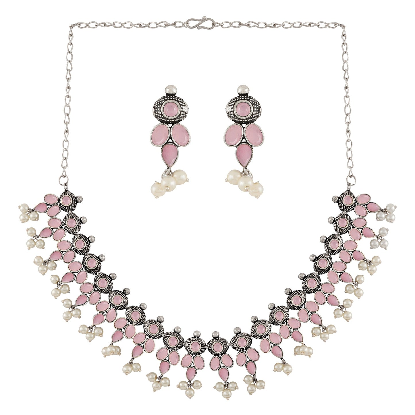 Nishan Silver Oxidised Pink Stone and Pearl Necklace Set