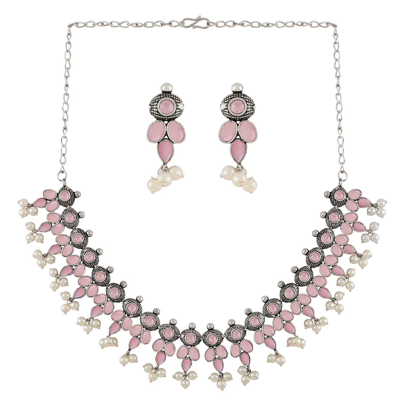 Nishan Silver Oxidised Pink Stone and Pearl Necklace Set