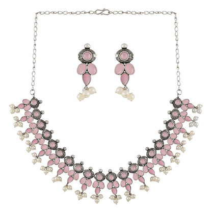 Nishan Silver Oxidised Pink Stone and Pearl Necklace Set