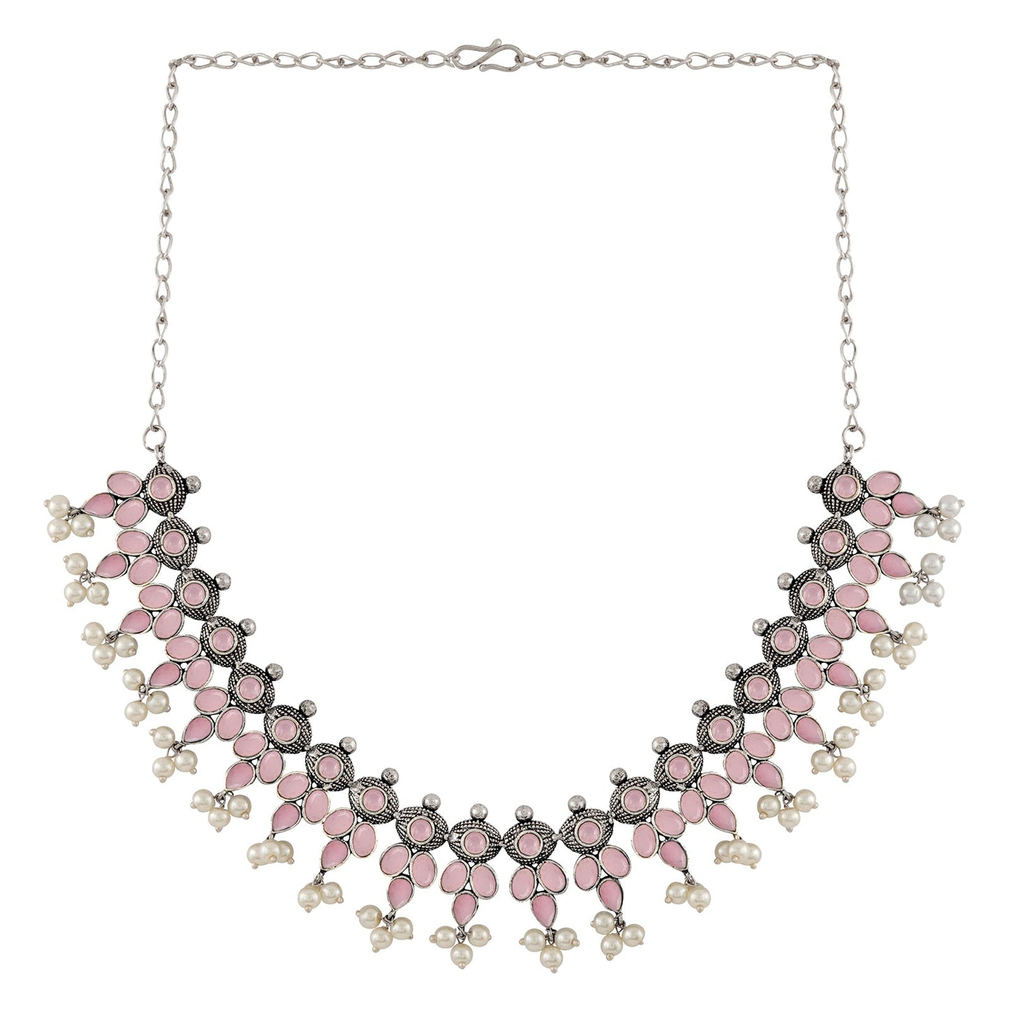 Nishan Silver Oxidised Pink Stone and Pearl Necklace Set