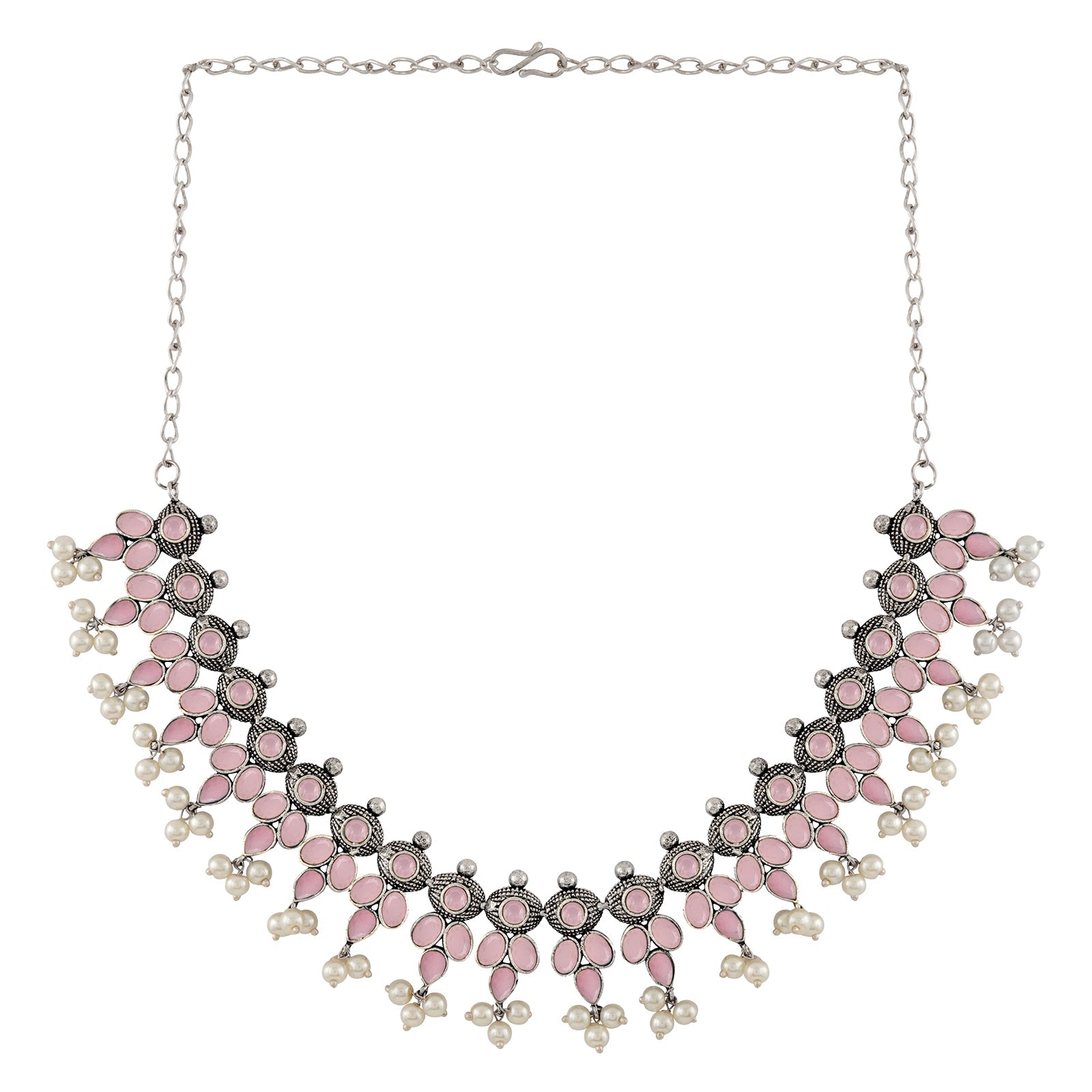 Nishan Silver Oxidised Pink Stone and Pearl Necklace Set