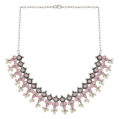 Nishan Silver Oxidised Pink Stone and Pearl Necklace Set