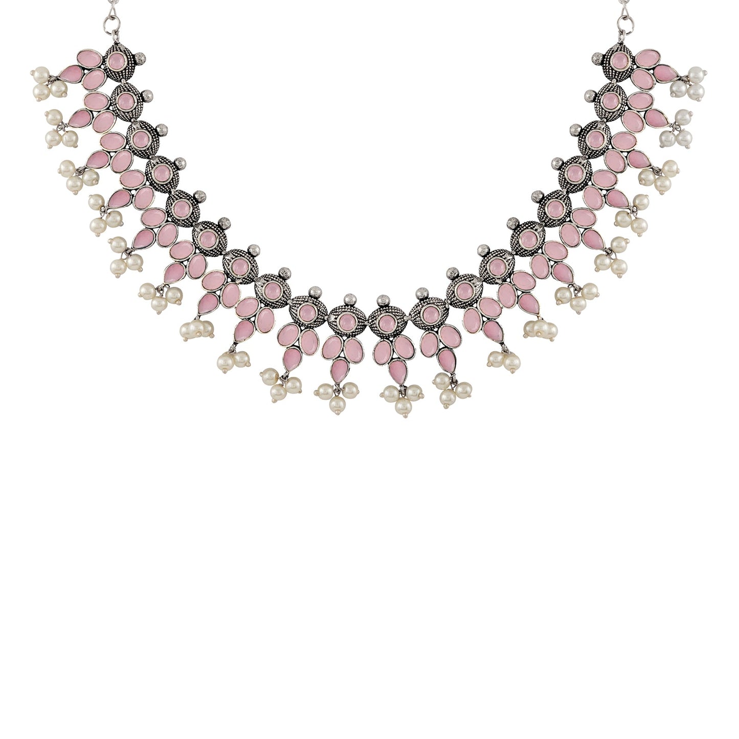 Nishan Silver Oxidised Pink Stone and Pearl Necklace Set