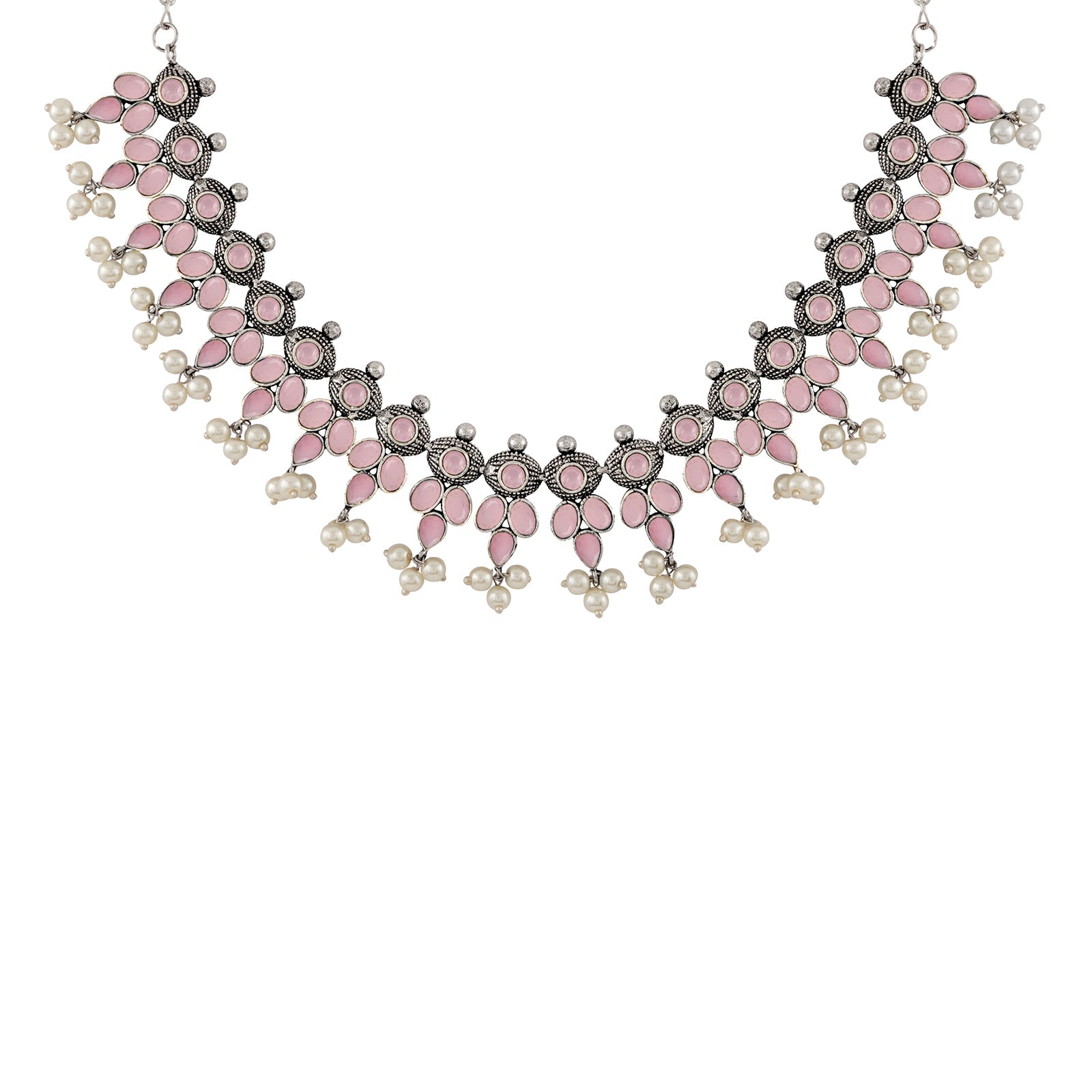 Nishan Silver Oxidised Pink Stone and Pearl Necklace Set