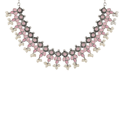 Nishan Silver Oxidised Pink Stone and Pearl Necklace Set