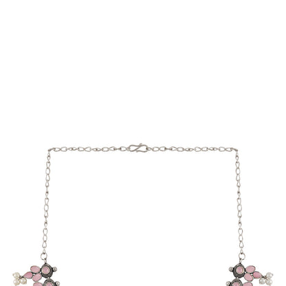 Nishan Silver Oxidised Pink Stone and Pearl Necklace Set