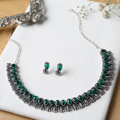 Teejh Silver Green Blossom Necklace Set