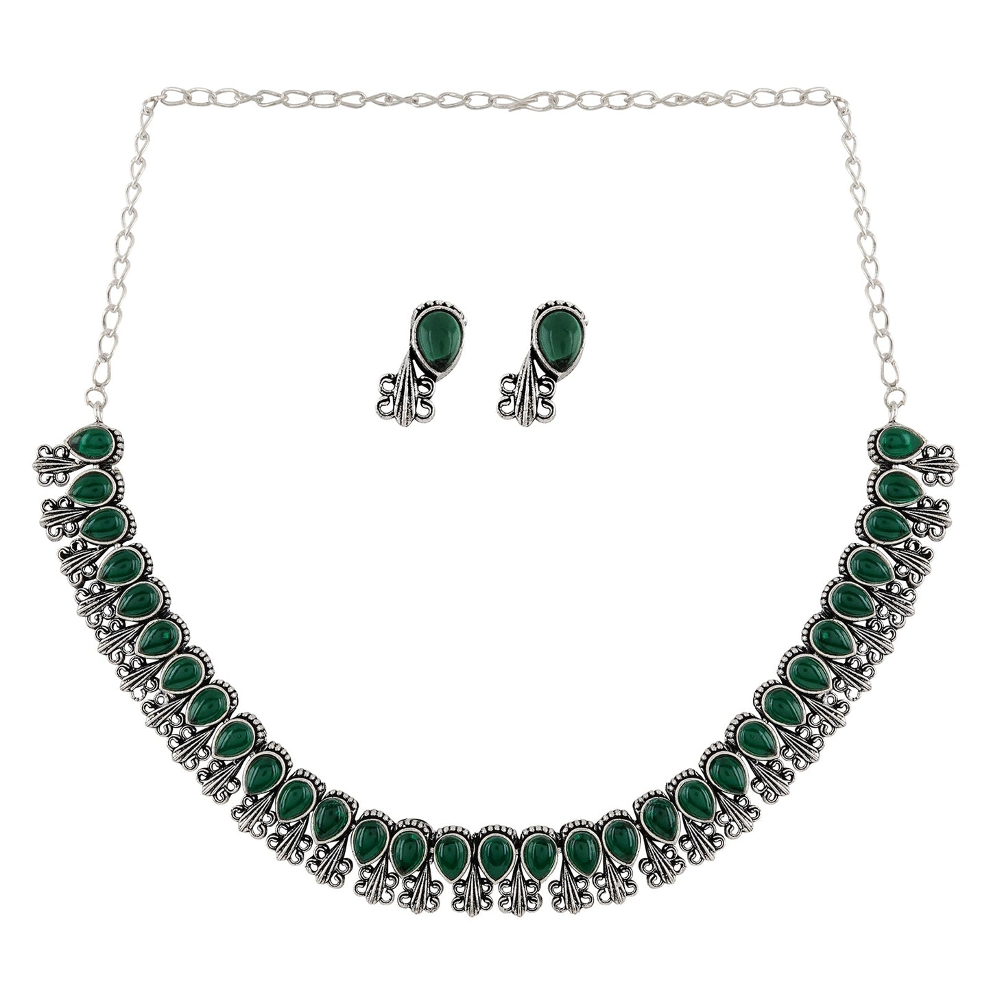 Teejh Silver Green Blossom Necklace Set