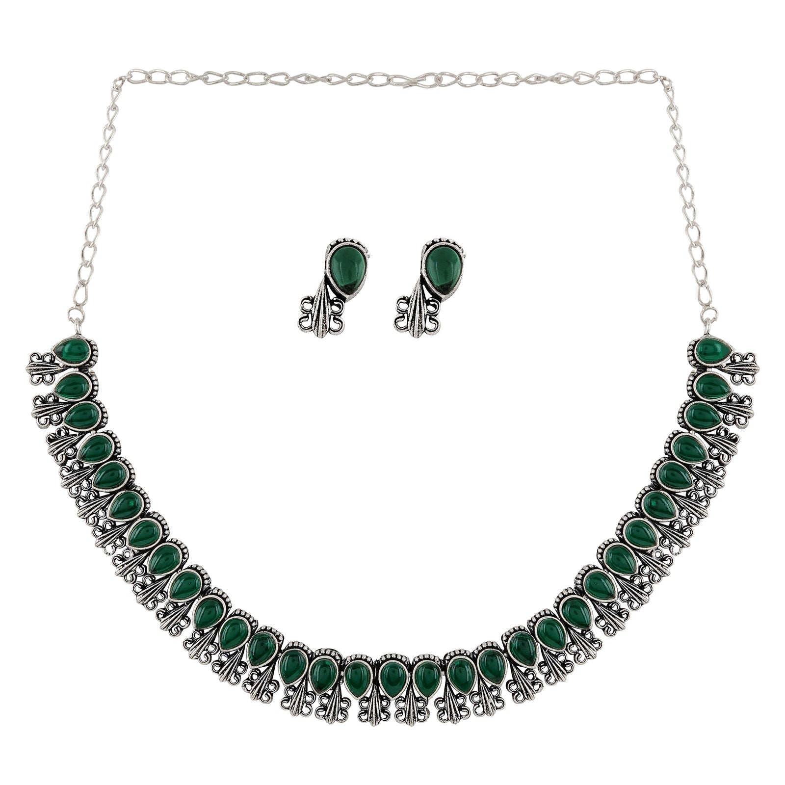 Teejh Silver Green Blossom Necklace Set