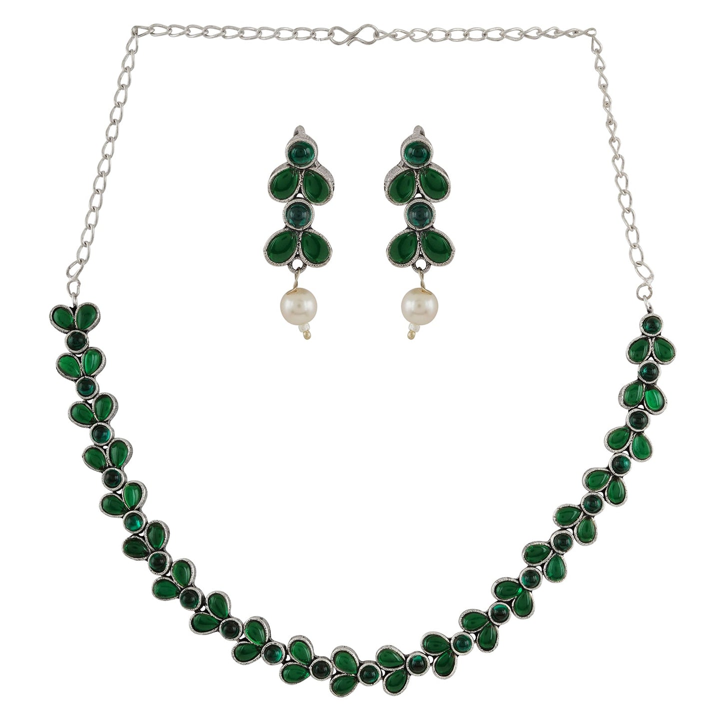 Teejh Silver and Green Petal Fusion Necklace set