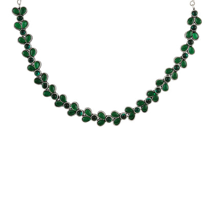 Teejh Silver and Green Petal Fusion Necklace set