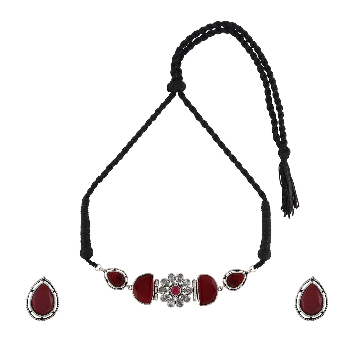 Teejh Silver and Red Medow Necklace Set
