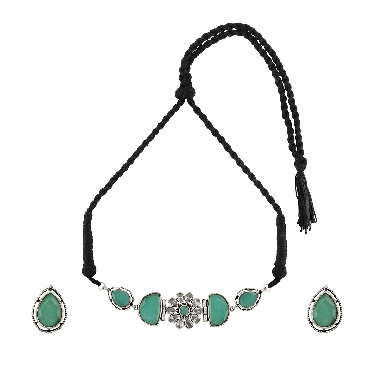 Teejh Silver and Sea Green Medow Necklace Set
