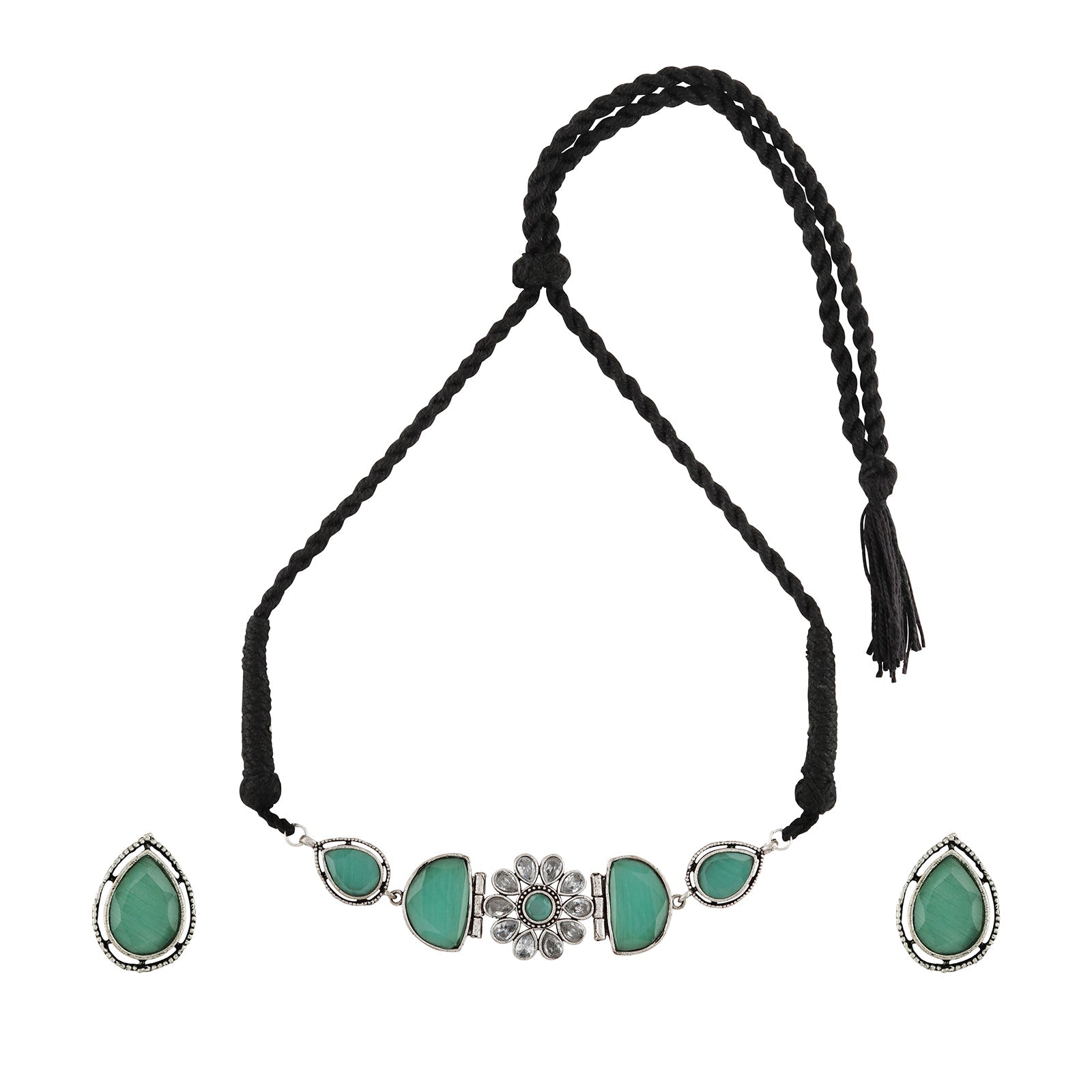Teejh Silver and Sea Green Medow Necklace Set