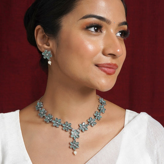 Teejh Silver Sea Green and Floral Motif Set