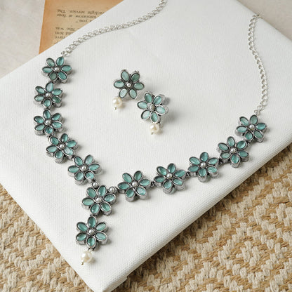 Teejh Silver Sea Green and Floral Motif Set