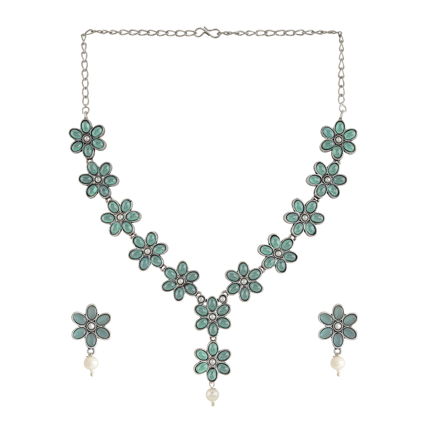 Teejh Silver Sea Green and Floral Motif Set