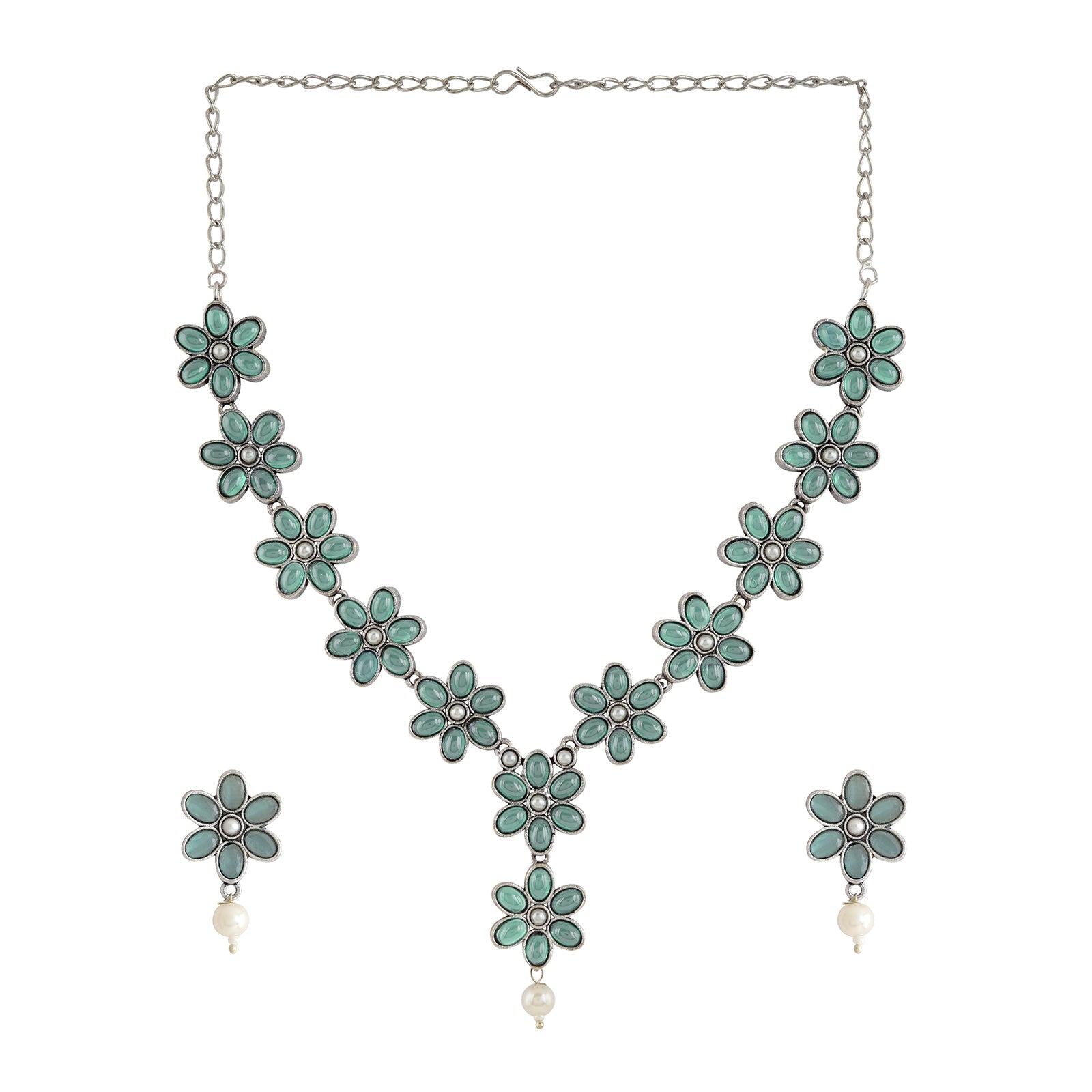 Teejh Silver Sea Green and Floral Motif Set