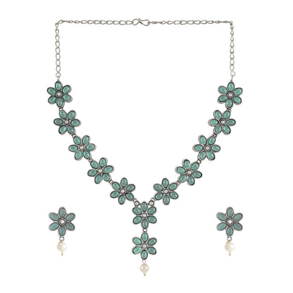 Teejh Silver Sea Green and Floral Motif Set
