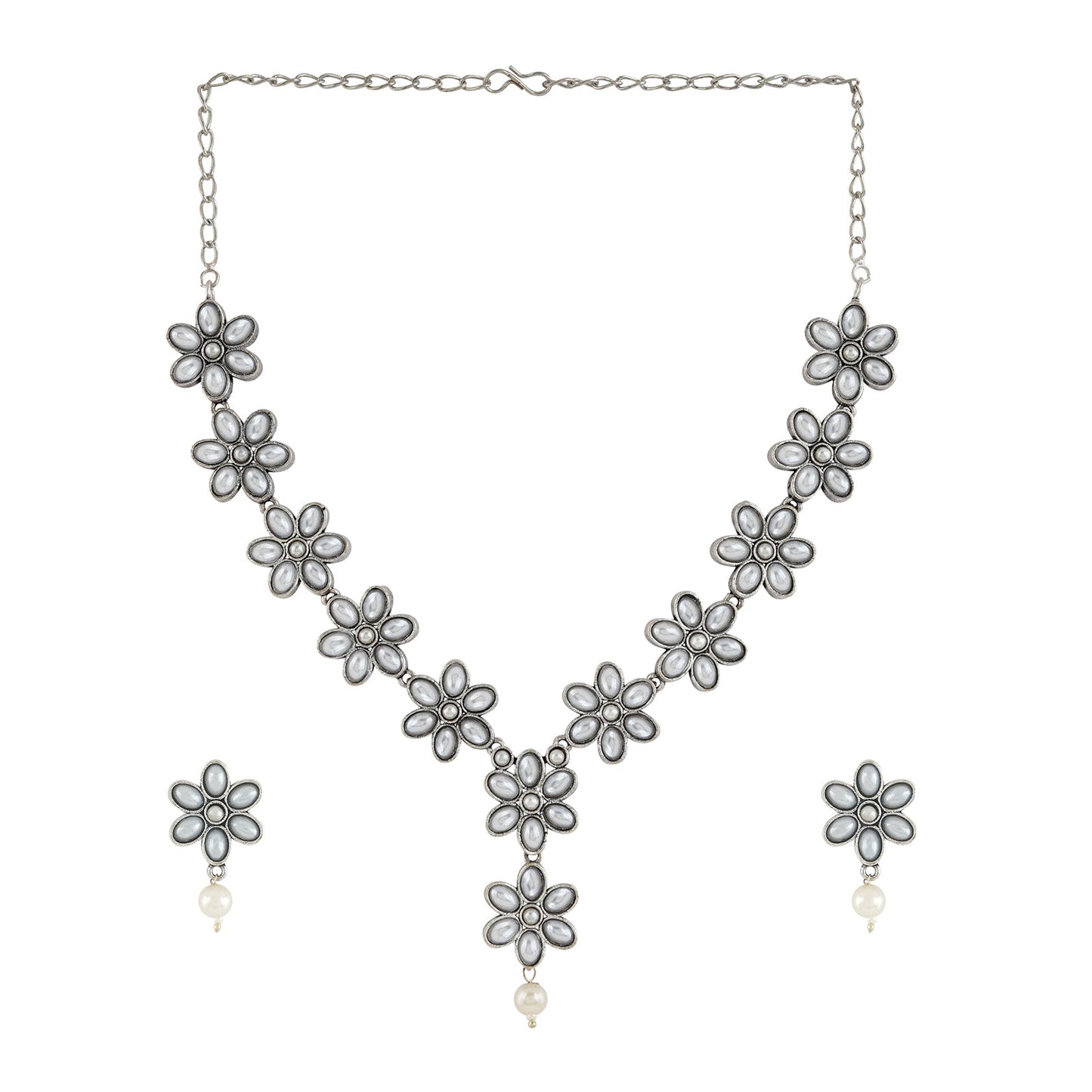 Kriya Silver Oxidised Pearl Necklace Set