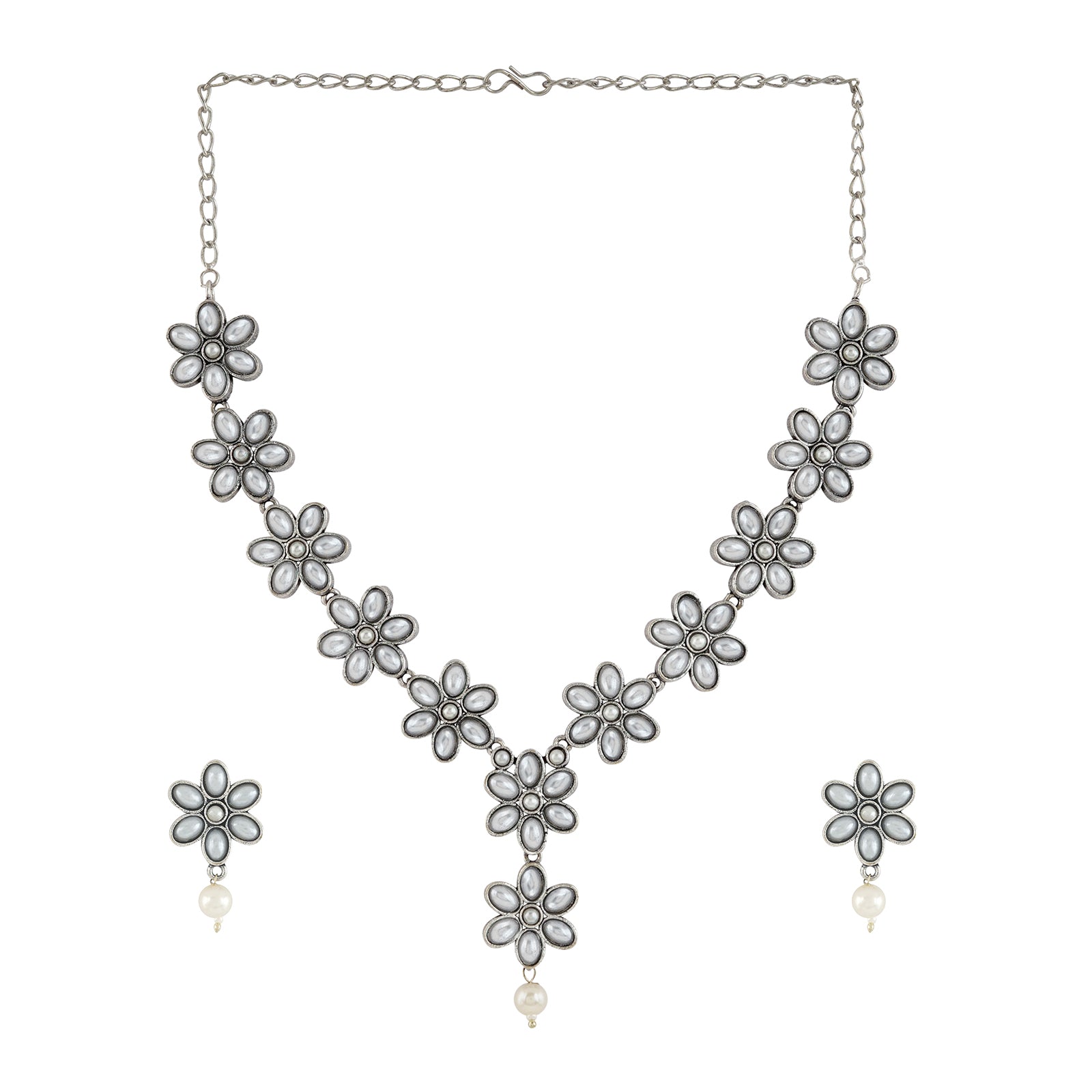 Kriya Silver Oxidised Pearl Necklace Set