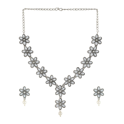 Kriya Silver Oxidised Pearl Necklace Set