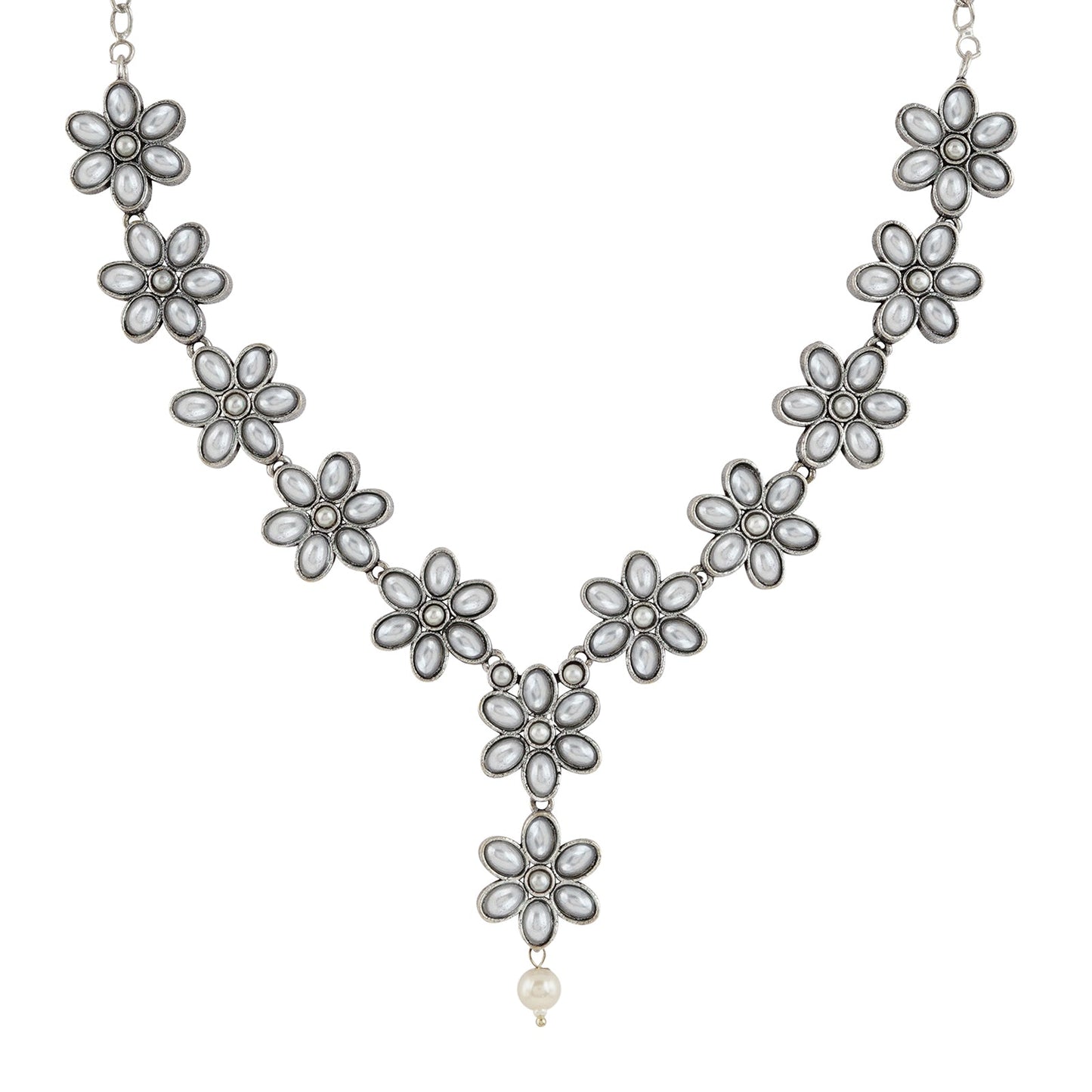 Kriya Silver Oxidised Pearl Necklace Set