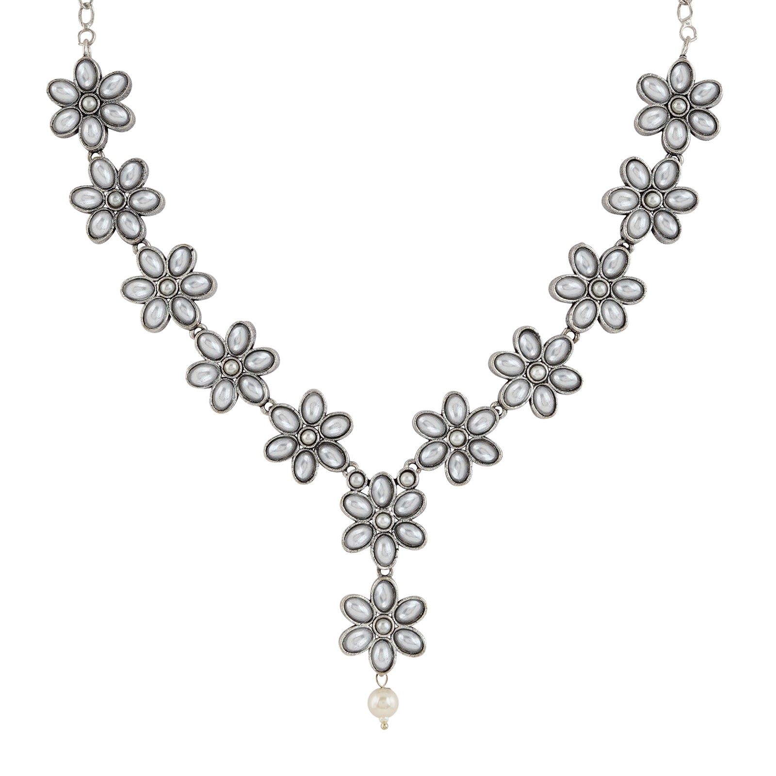 Kriya Silver Oxidised Pearl Necklace Set