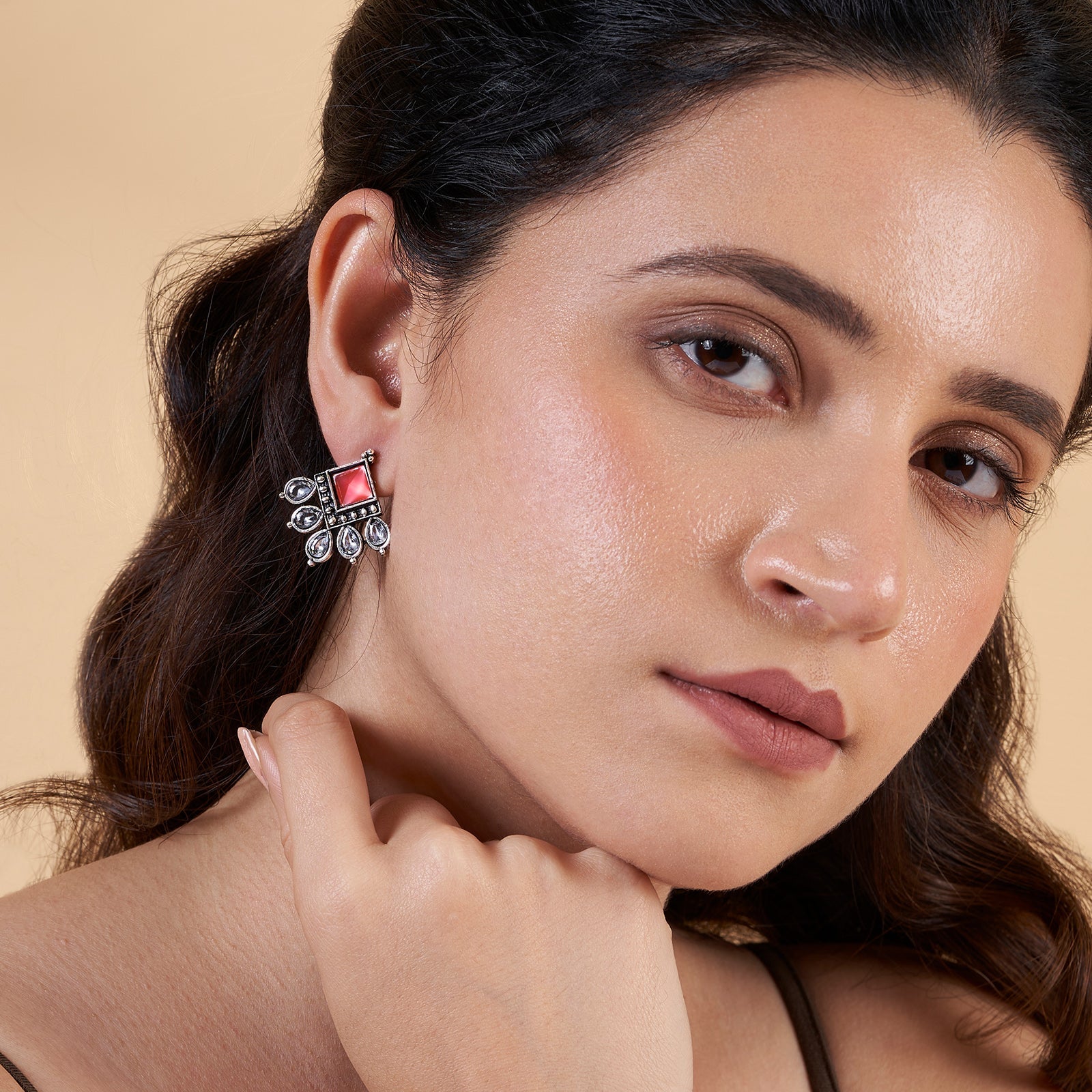 Teejh Charulatha Pastel Pink Silver Oxidised Earrings