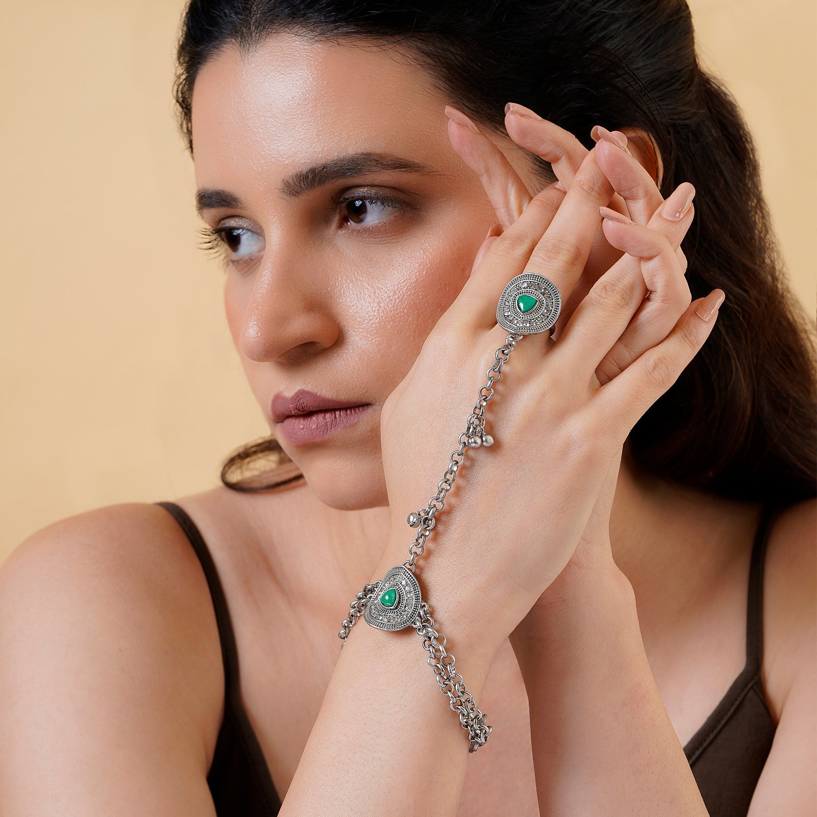 Teejh Vishruti Silver Turquoise Hathphool