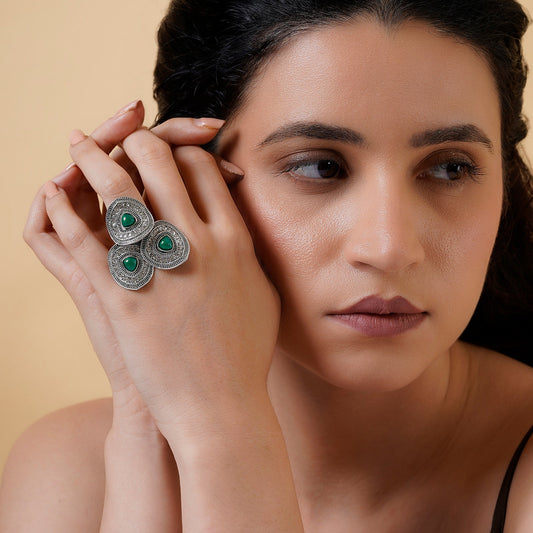 Teejh Padmavathi Silver Green Ring