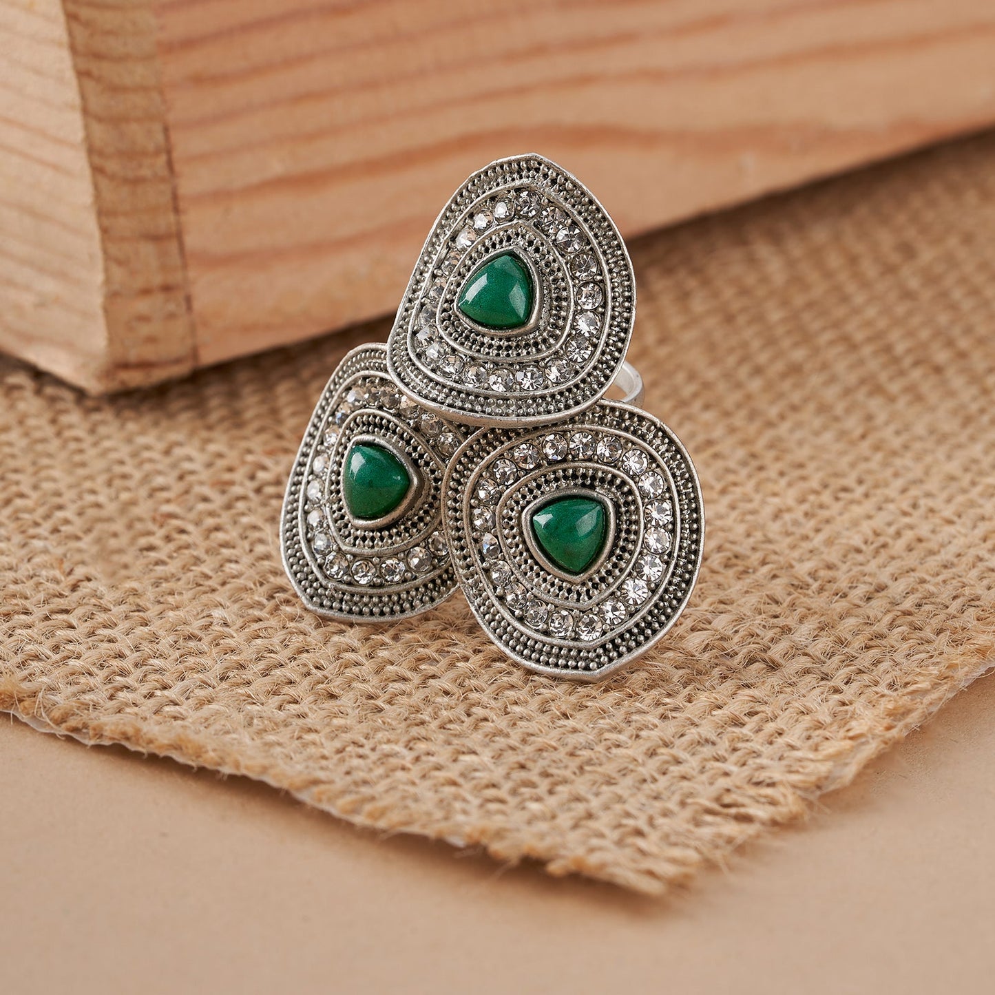 Teejh Padmavathi Silver Green Ring