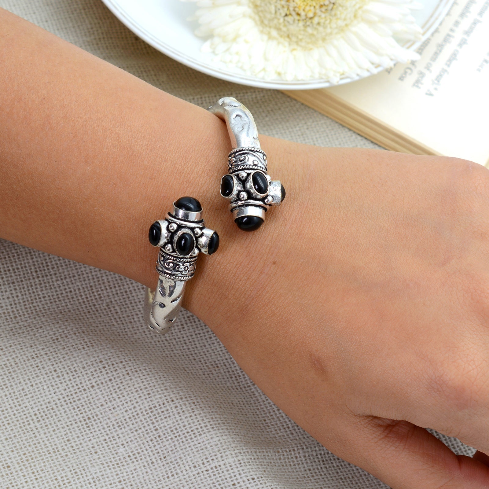 Trisha Black Stone Bracelet Cuff - Teejh