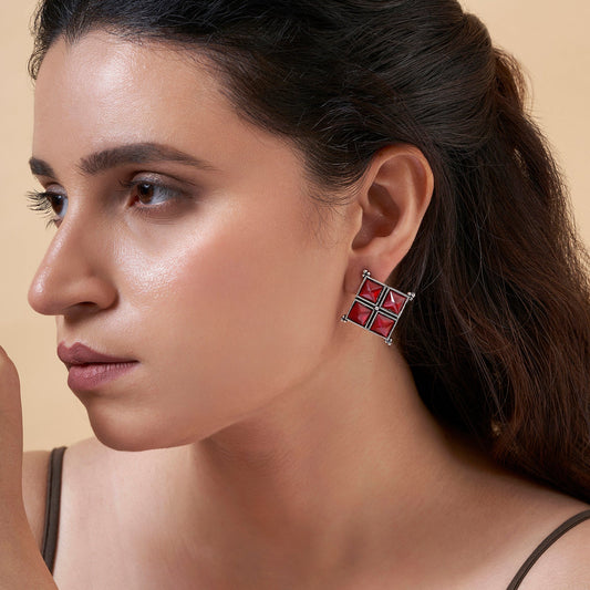 Teejh Dhamini Red Silver Oxidised Earrings