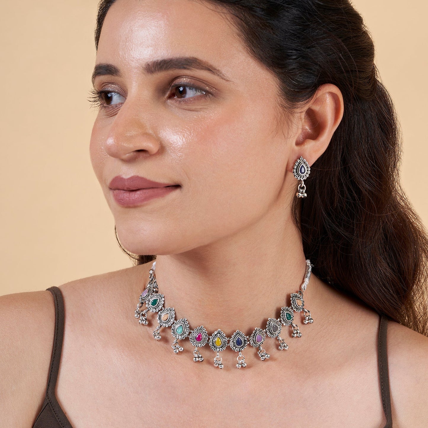 Teejh Chogada Multicolored Silver Oxidised Necklace Set