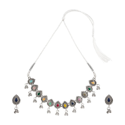 Teejh Chogada Multicolored Silver Oxidised Necklace Set