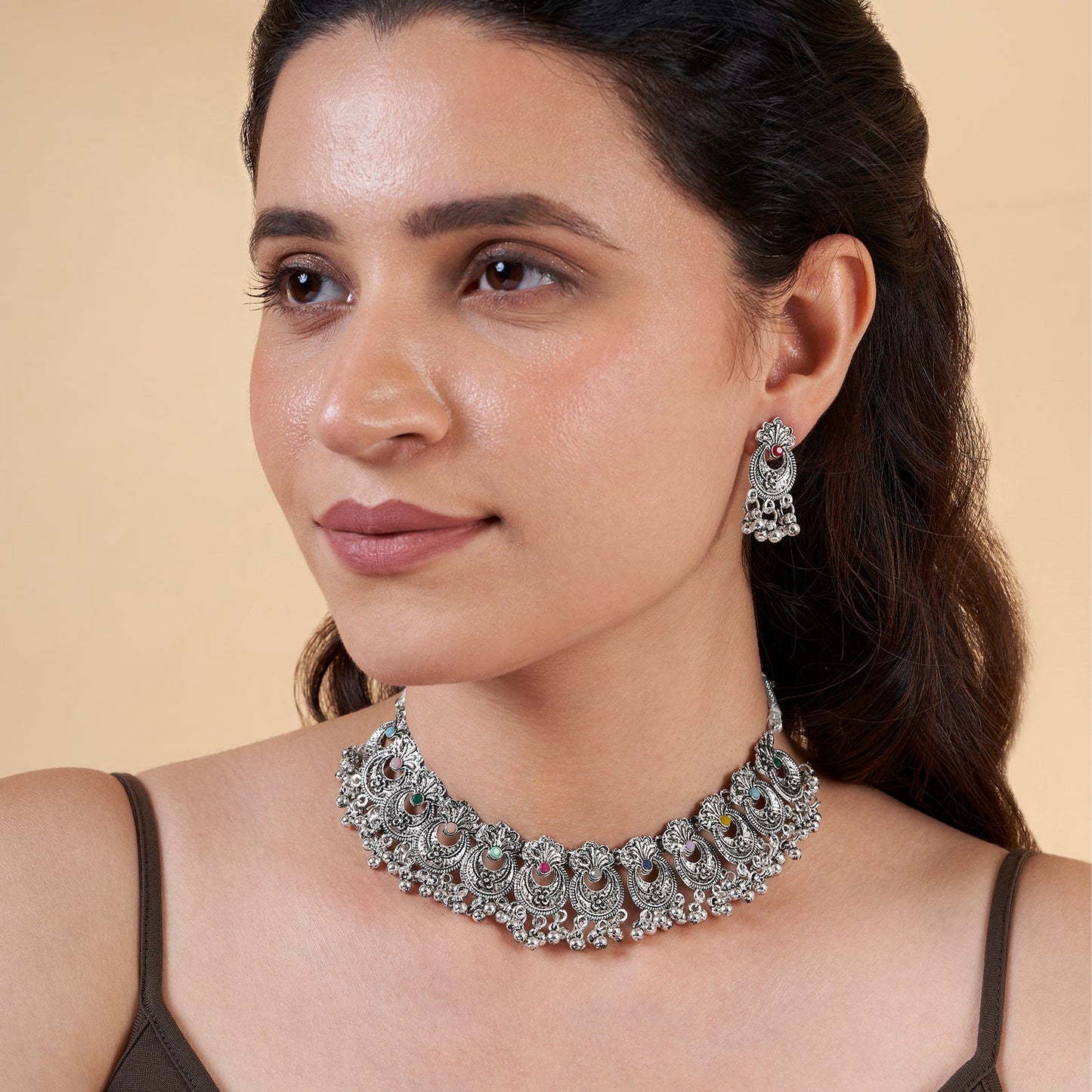 Teejh Udi Udi Jaye Multicolored Silver Oxidised Necklace Set
