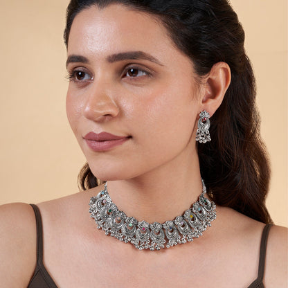 Teejh Udi Udi Jaye Multicolored Silver Oxidised Necklace Set