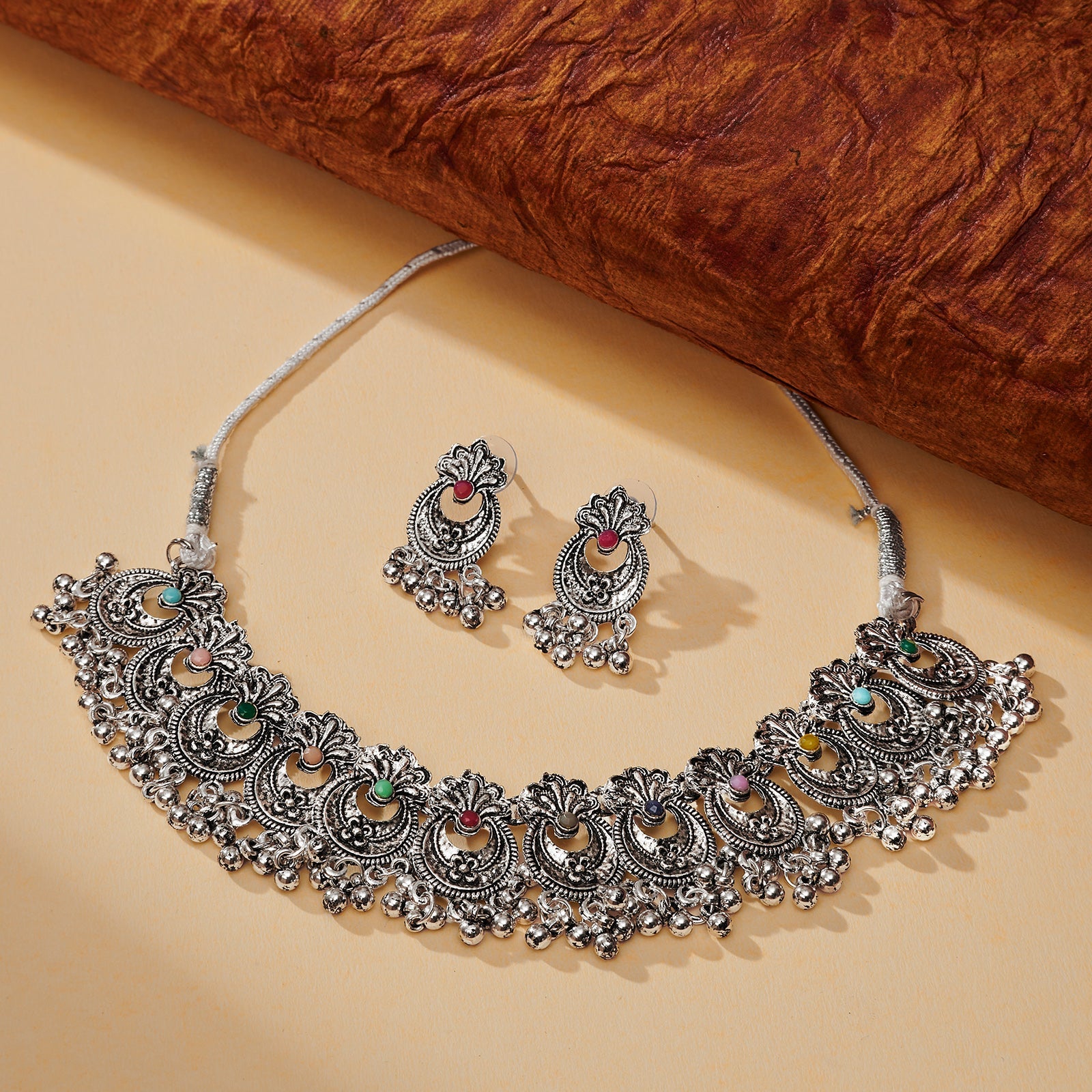 Teejh Udi Udi Jaye Multicolored Silver Oxidised Necklace Set