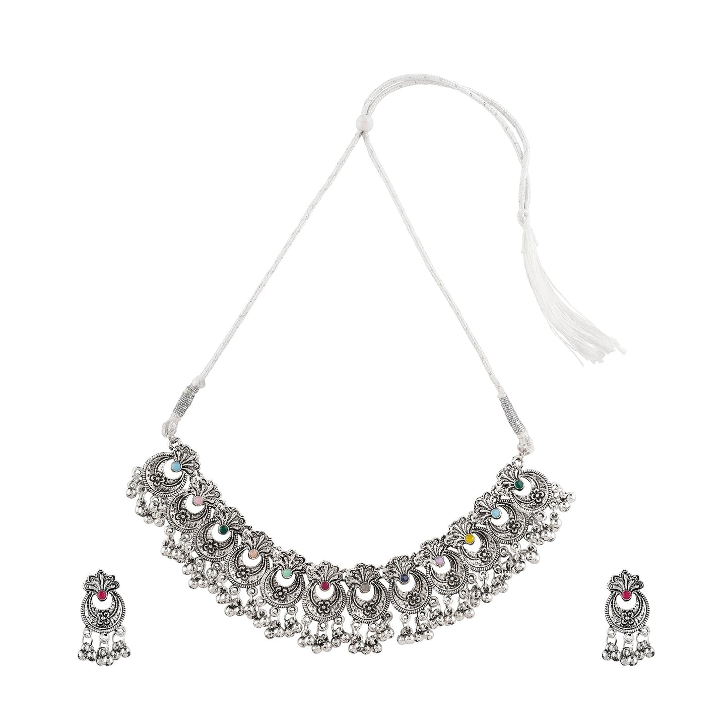 Teejh Udi Udi Jaye Multicolored Silver Oxidised Necklace Set